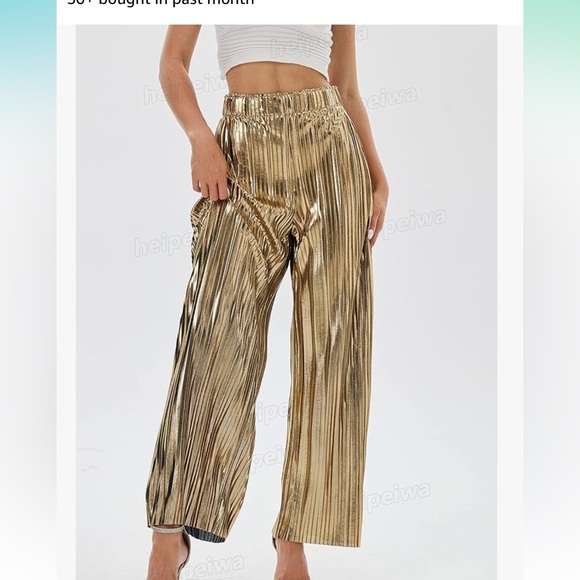 Women's Shiny Pleated Wide Leg Pants - Picture 3 of 3